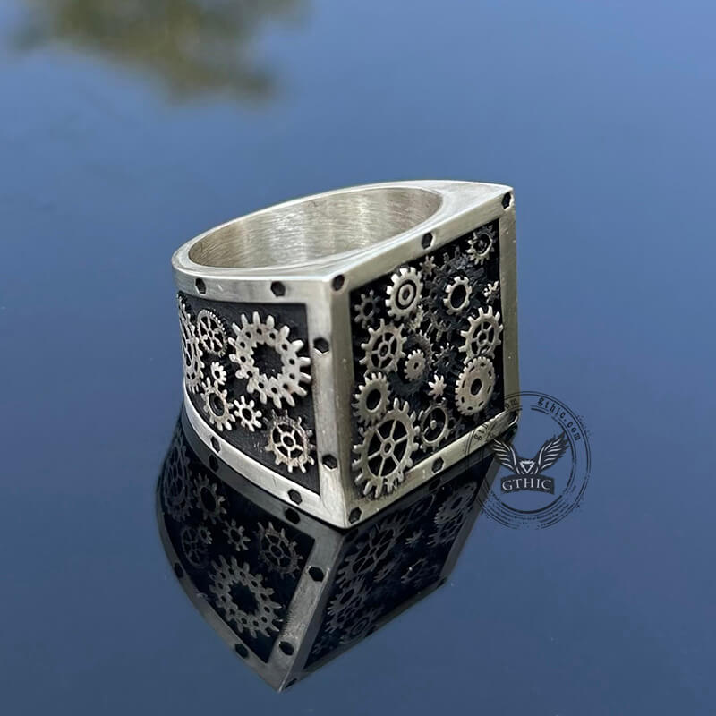 Steampunk Gear Sterling Silver Square Ring | Gthic.com