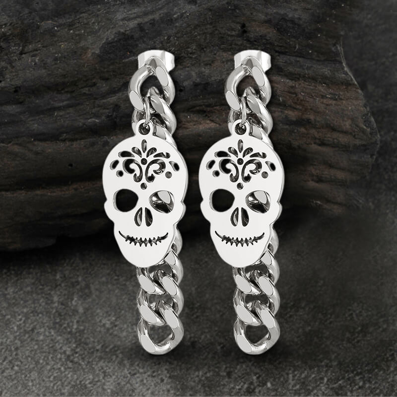 Sugar Skull Chunky Chain Link Stainless Steel Earrings 01 silver | Gthic.com