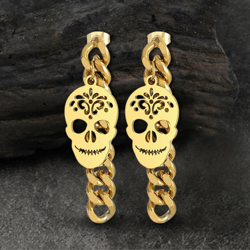 Sugar Skull Chunky Chain Link Stainless Steel Earrings 03 gold | Gthic.com
