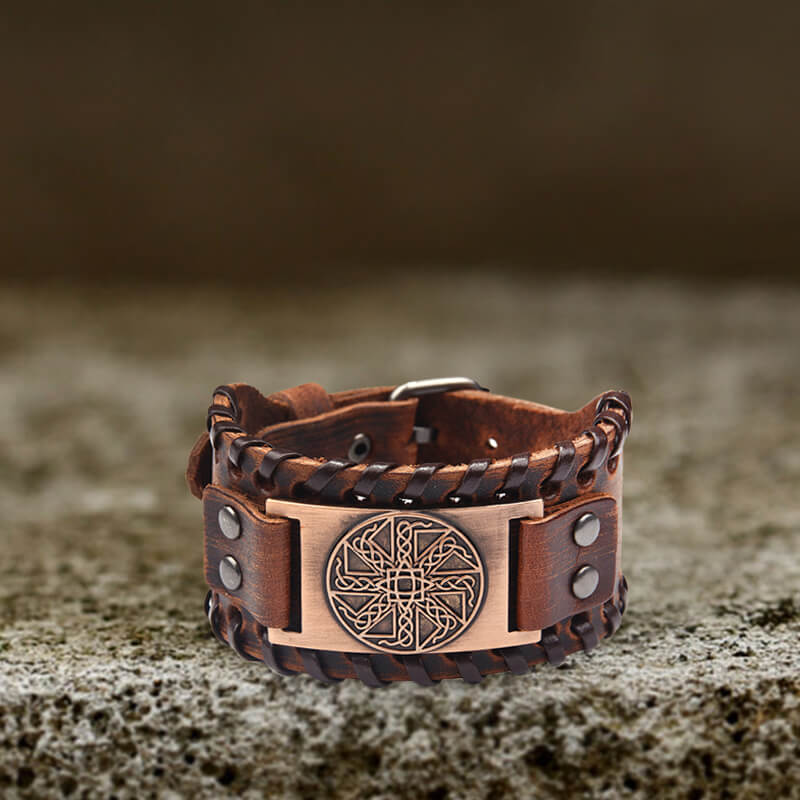 Sun Wheel Knot Amulet Leather Wristband Bracelet | Gthic.com