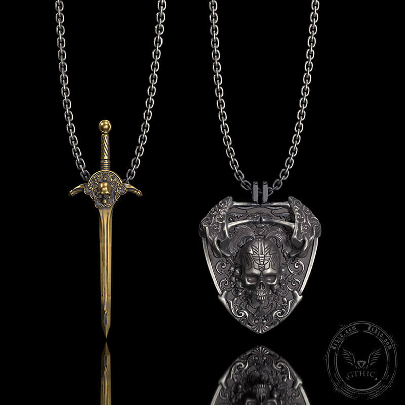 Sword and Shield Sterling Silver Skull Pendant | Gthic.com