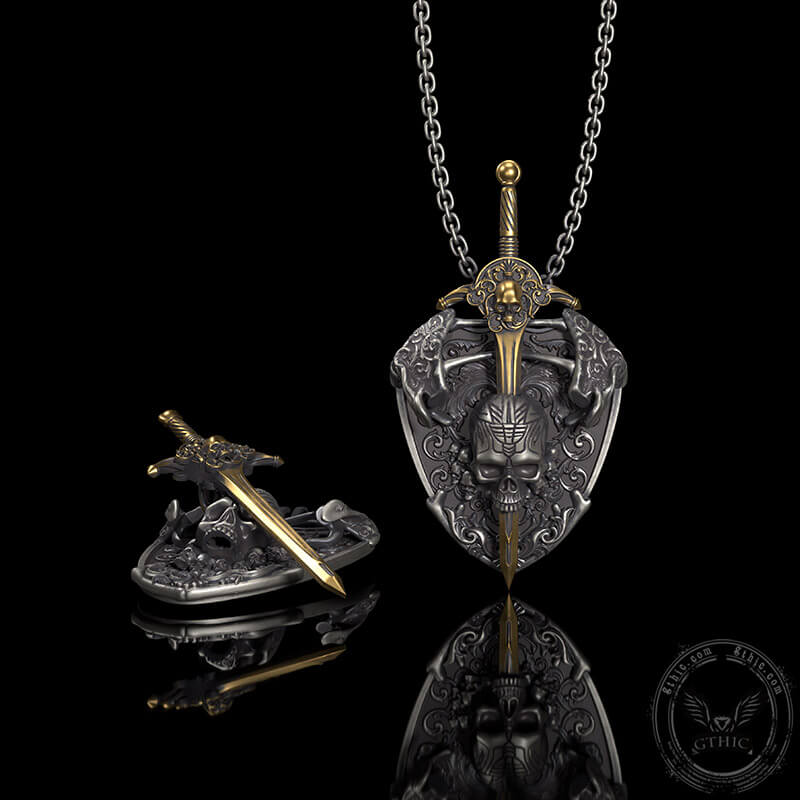 Sword and Shield Sterling Silver Skull Pendant | Gthic.com