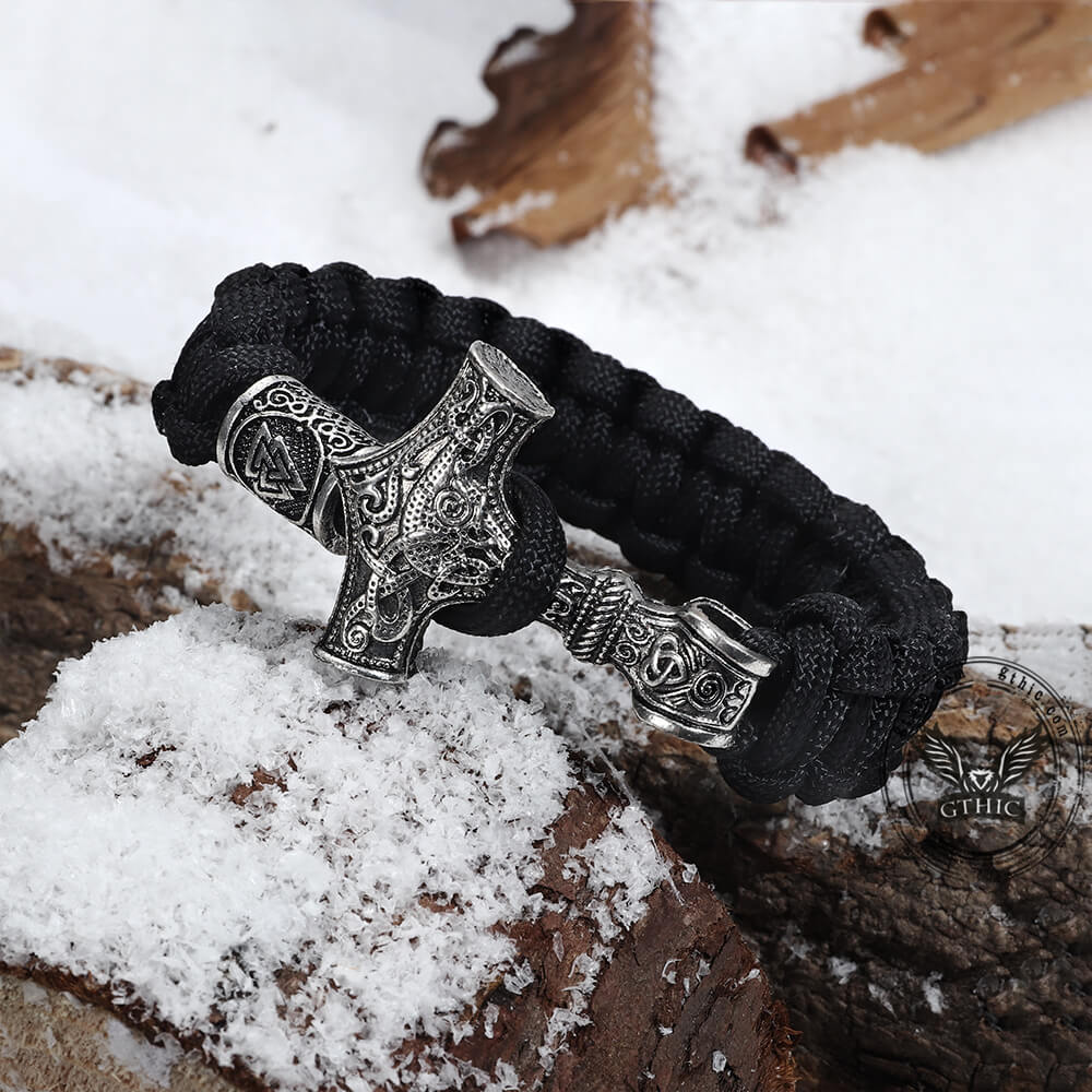 Thor's Hammer Leather Viking Bracelet - Stainless Steel - Silver