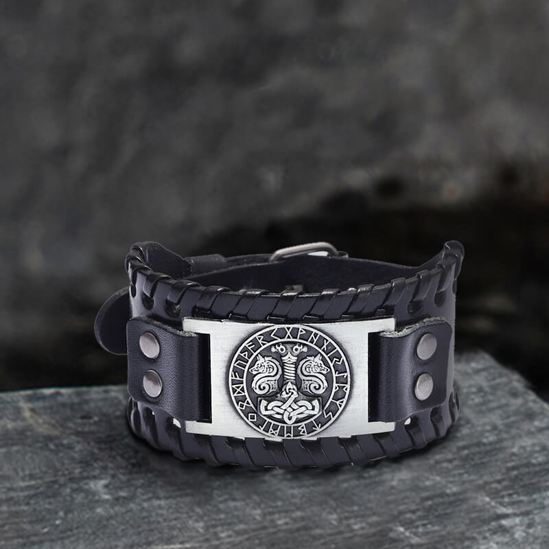 Thor’s Hammer Runes Alloy Leather Viking Bracelet | Gthic.com