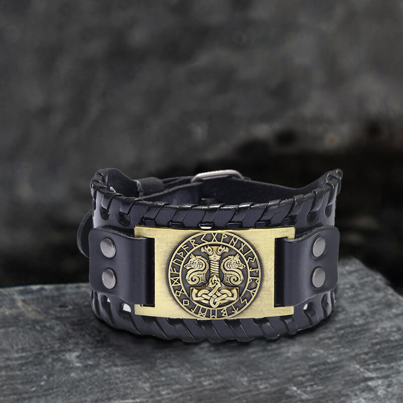 Thor’s Hammer Runes Alloy Leather Viking Bracelet | Gthic.com