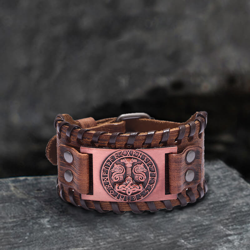 Thor’s Hammer Runes Alloy Leather Viking Bracelet | Gthic.com