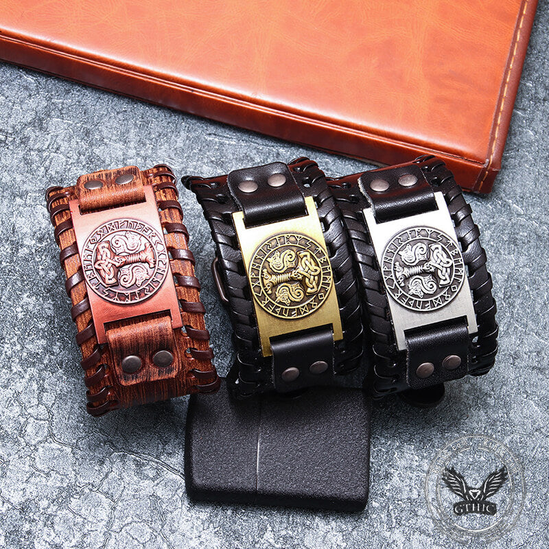 Thor’s Hammer Runes Alloy Leather Viking Bracelet | Gthic.com