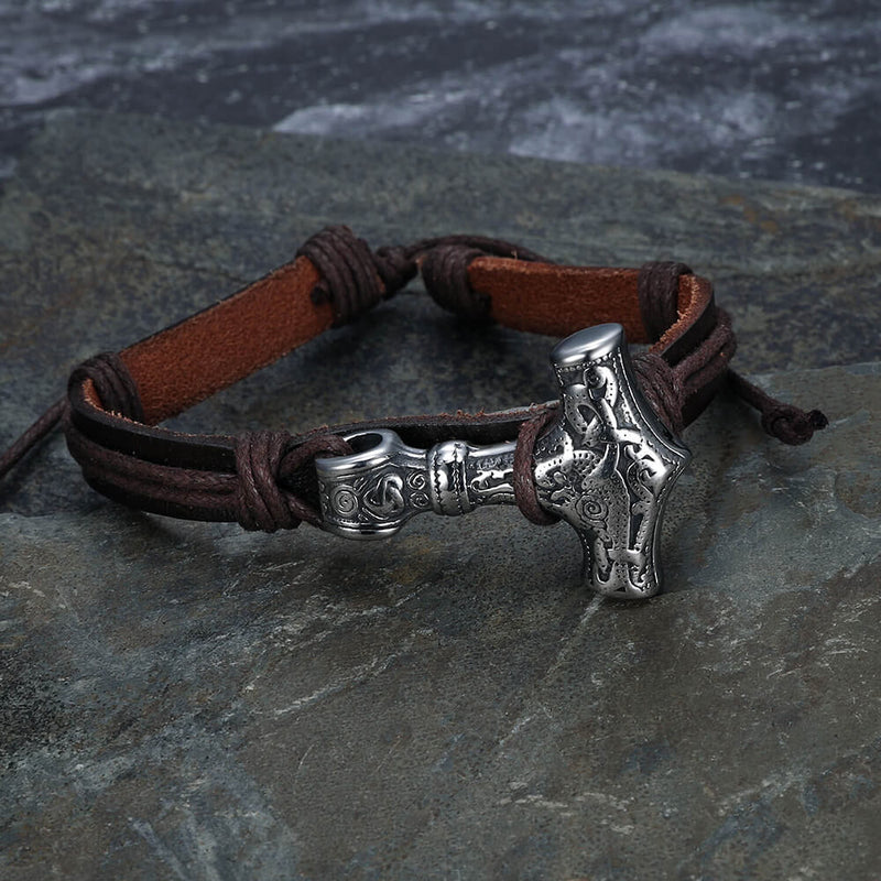 Thor’s Hammer Stainless steel leather viking bracelet 01 | Gthic.com