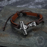 Thor’s Hammer Stainless steel leather viking bracelet 02 | Gthic.com