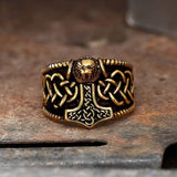 Thor's Hammer Stainless Steel Viking Ring01 gold | Gthic.com