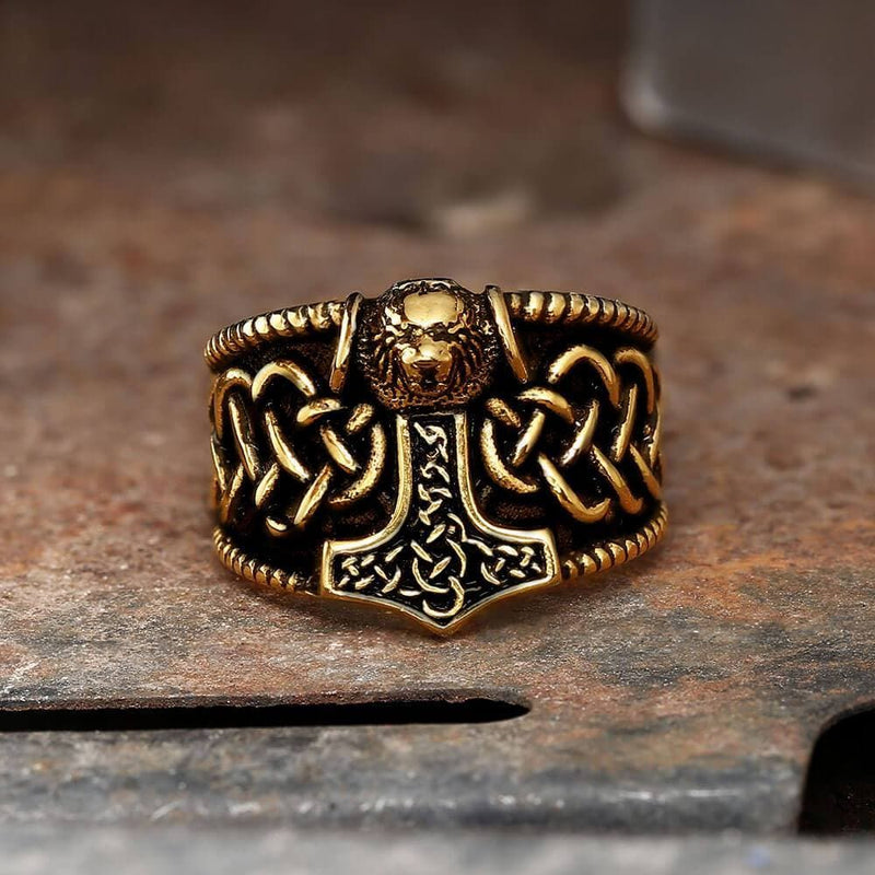 Thor's Hammer Stainless Steel Viking Ring01 gold | Gthic.com