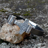 Thor’s Hammer Viking Totem Stainless Steel Leather Bracelet
