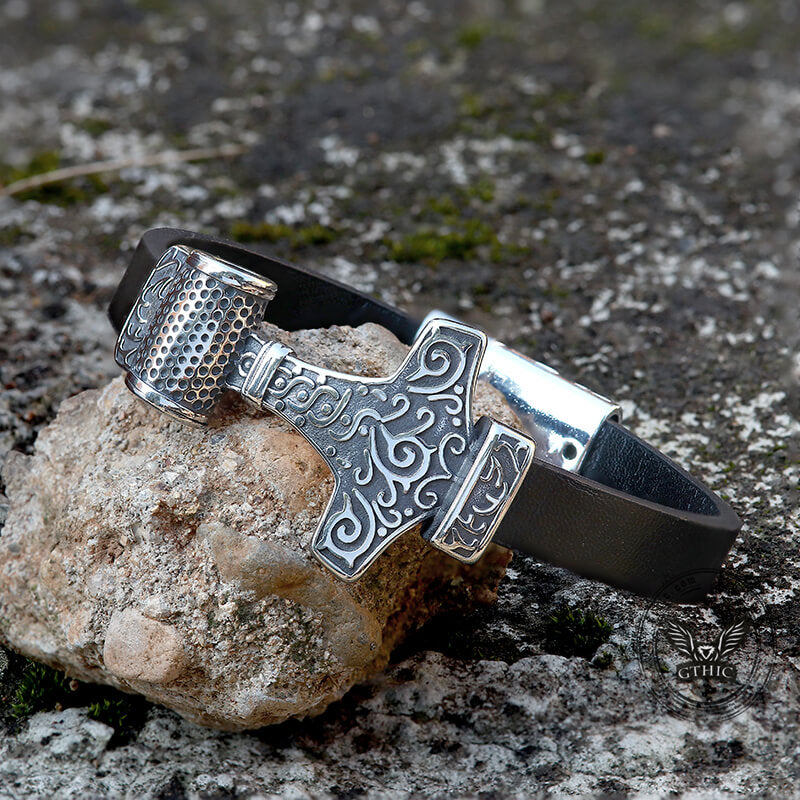 Thor’s Hammer Viking Totem Stainless Steel Leather Bracelet