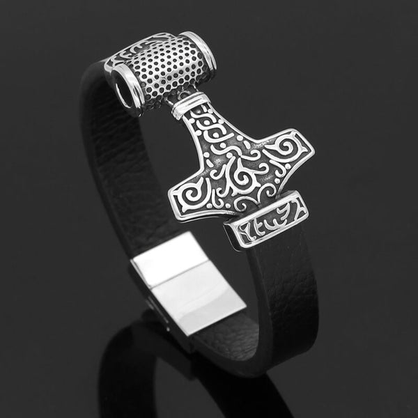 Thor’s Hammer Viking Totem Stainless Steel Leather Bracelet 01 | Gthic.com