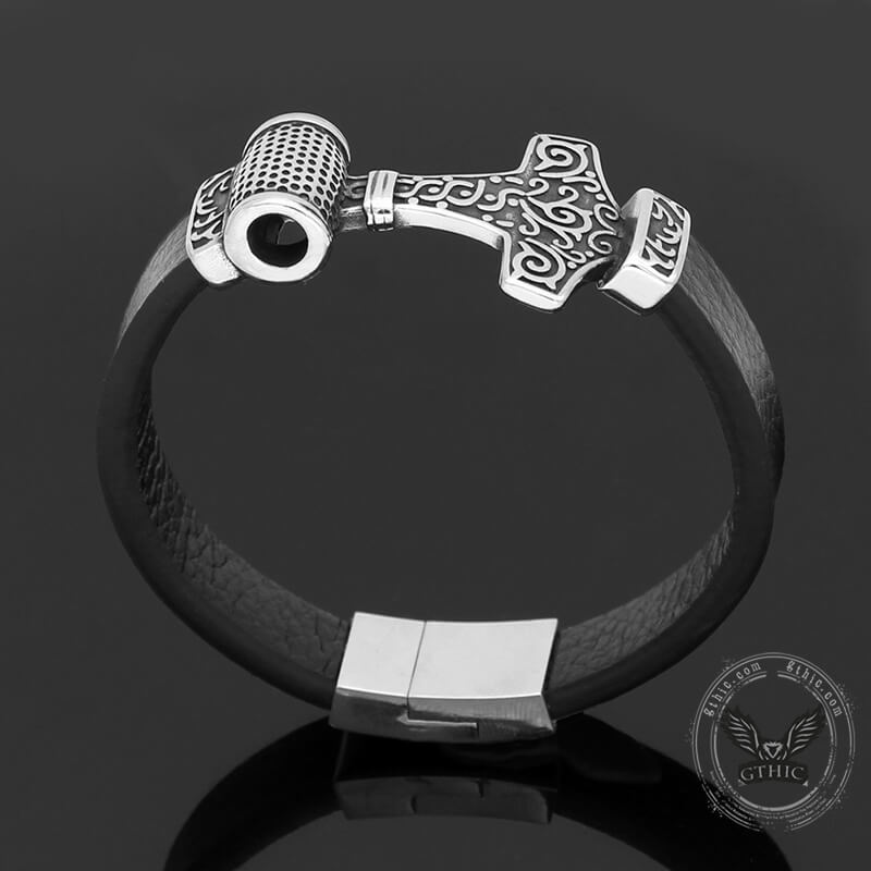 Thor’s Hammer Viking Totem Stainless Steel Leather Bracelet 05 | Gthic.com