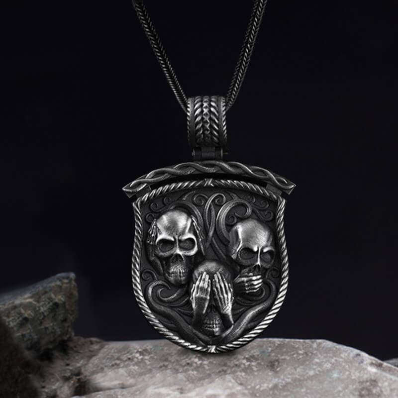 Three Senses Shield Pure Tin Skull Necklace01 | Gthic.com