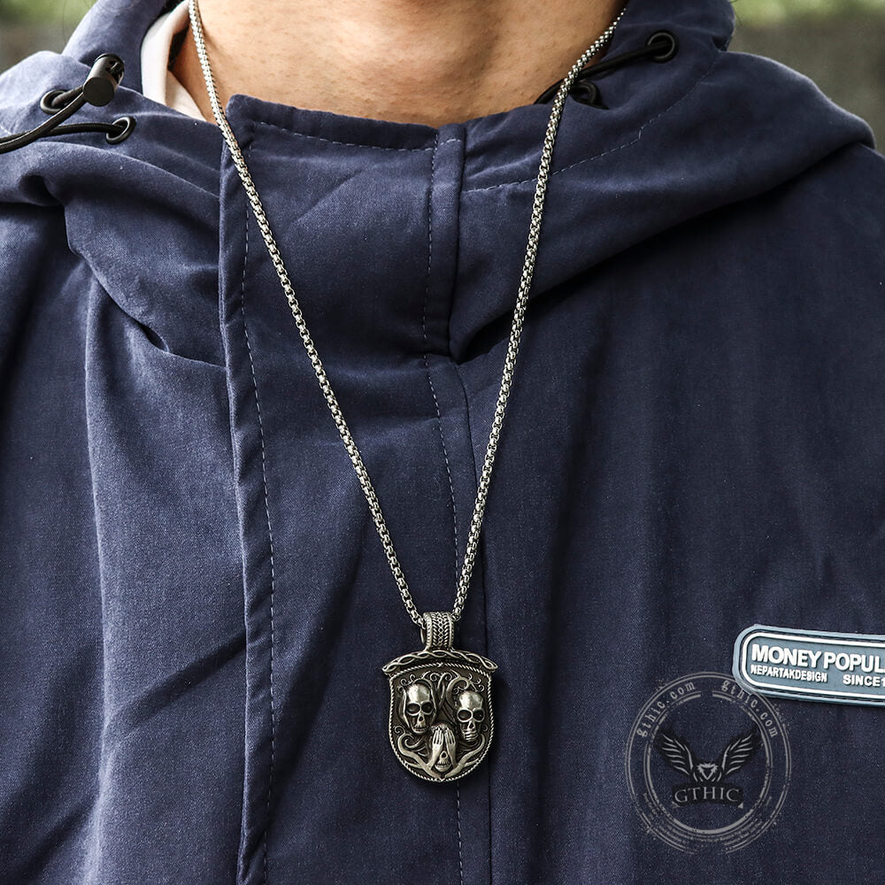 Three Senses Shield Pure Tin Skull Necklace02 | Gthic.com