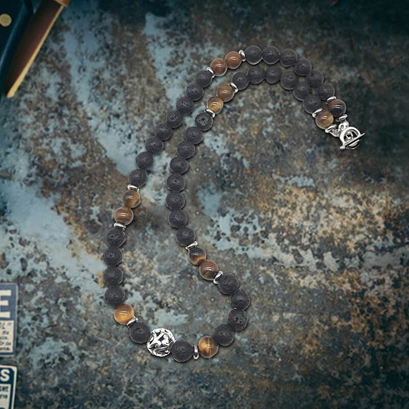 Tiger Eye Stone Stainless Steel Bead Necklace | Gthic.com