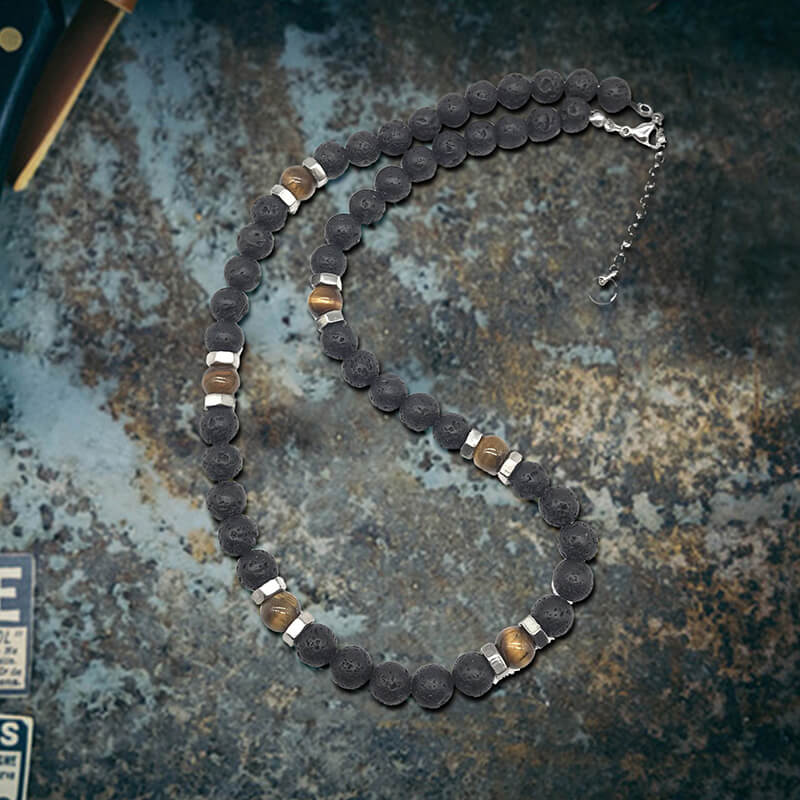 Tiger Eye Stone Stainless Steel Bead Necklace | Gthic.com