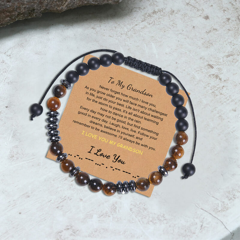 Morse Code I Love You Bracelet For Grandson - Adjustable Braided Silk Wristband, 2-Piece Set With Card & Gift Box
