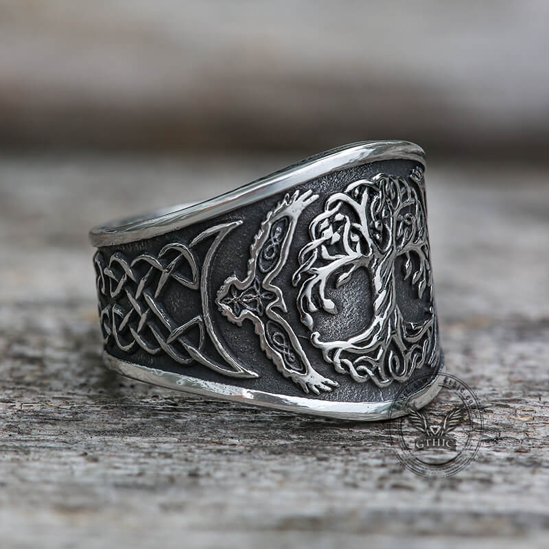 Tree of Life Raven Stainless Steel Viking Ring | Gthic.com