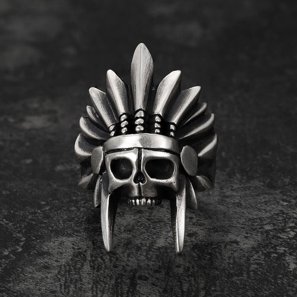 Tribal Chief Sterling Silver Skull Ring 01 | Gthic.com