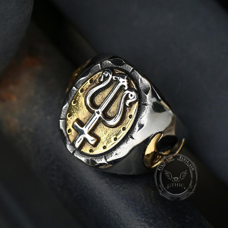 Trident of Poseidon Stainless Steel Petrine Cross Ring 04 | Gthic.com