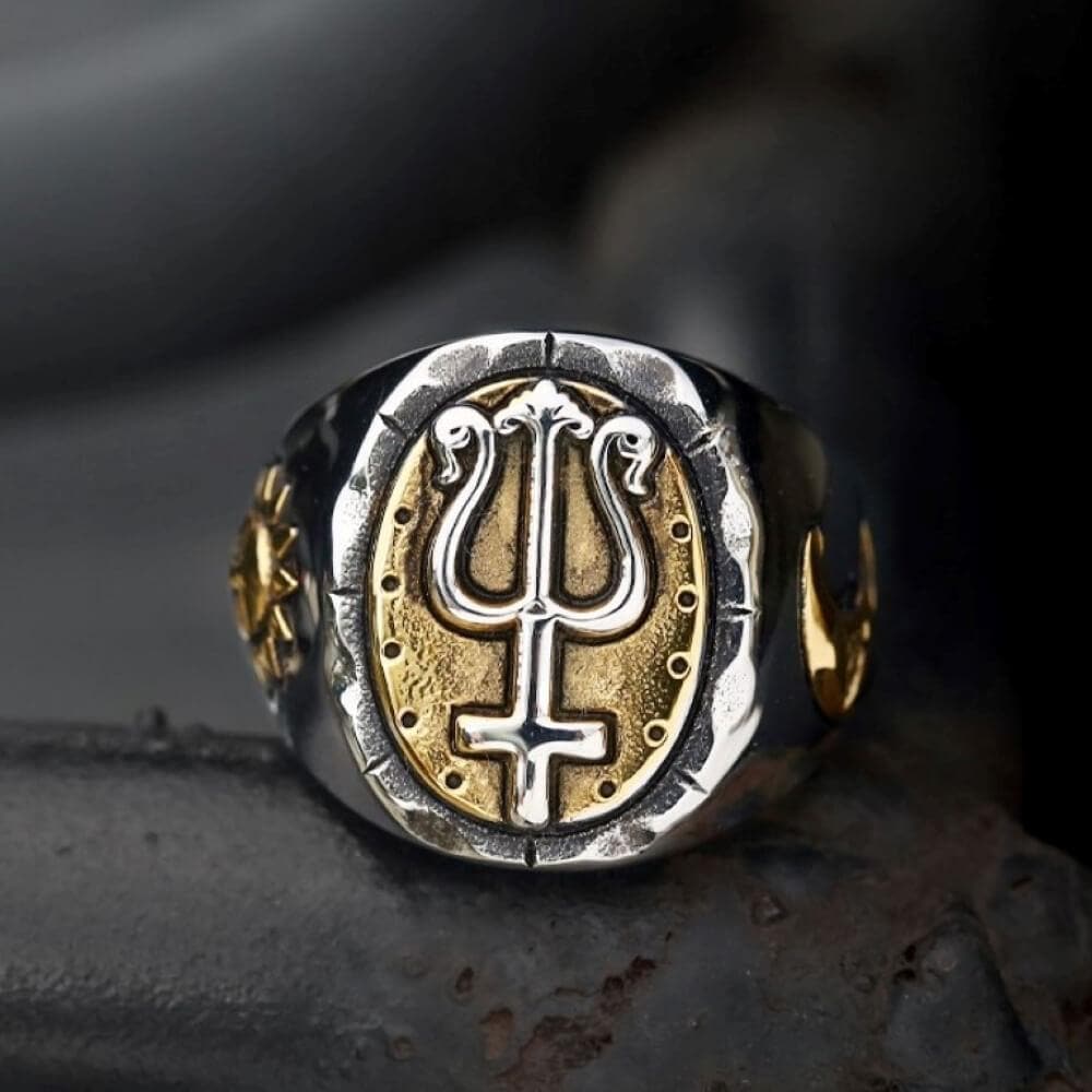 Trident of Poseidon Stainless Steel Petrine Cross Ring 01 | Gthic.com
