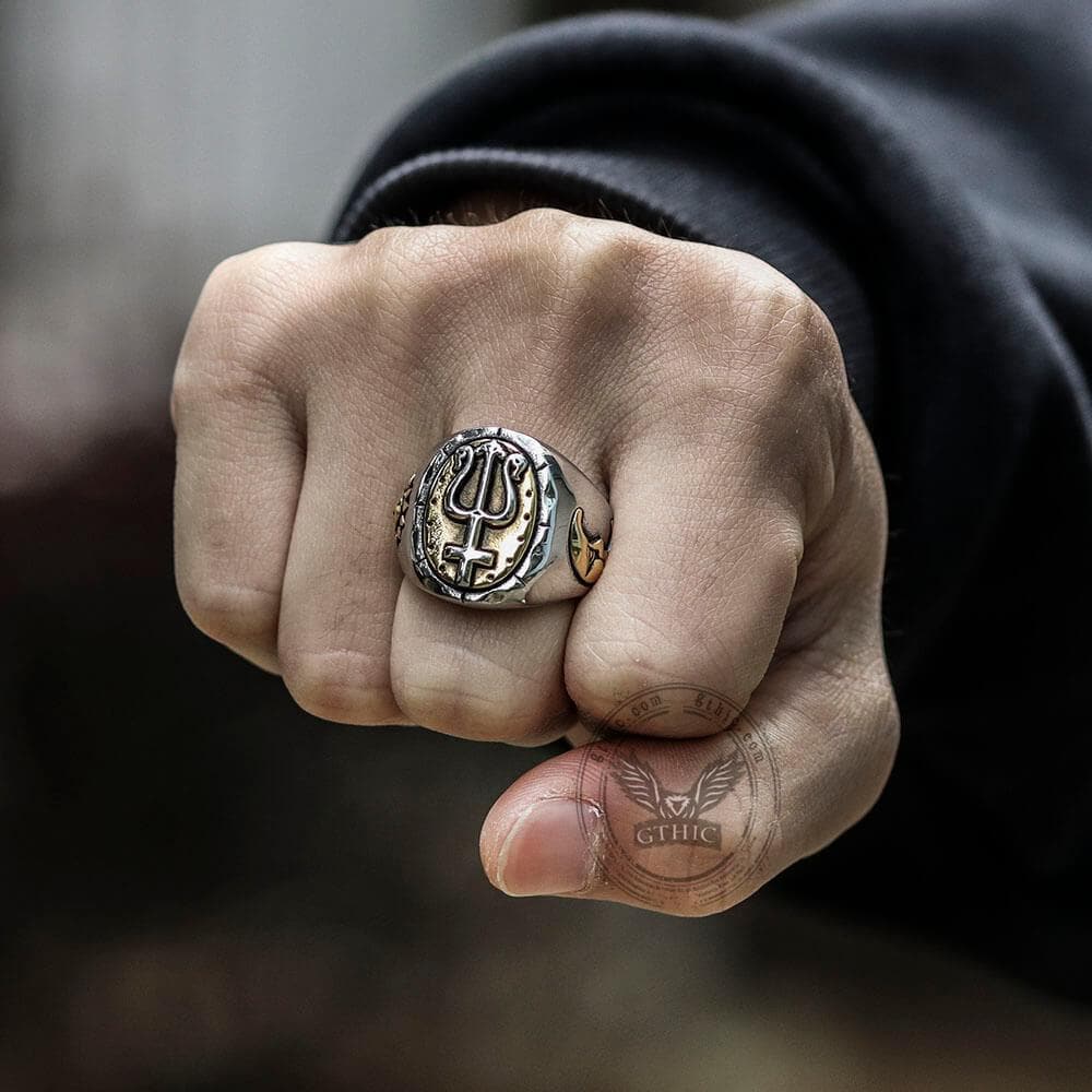 Trident of Poseidon Stainless Steel Petrine Cross Ring 02 | Gthic.com