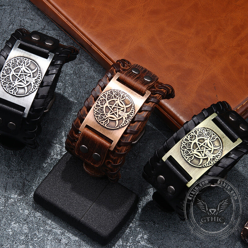 Triple Moon Tree Of Life Leather Viking Bracelet | Gthic.com