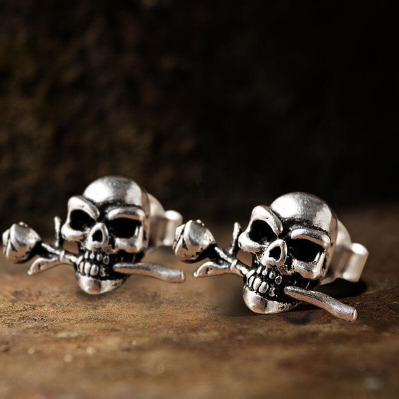 True Love Rose Skull Sterling Silver Earrings 01 | Gthic.com