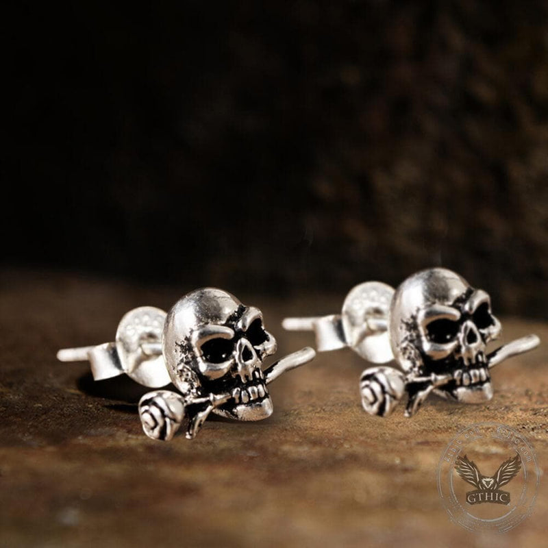 True Love Rose Skull Sterling Silver Earrings 03 | Gthic.com