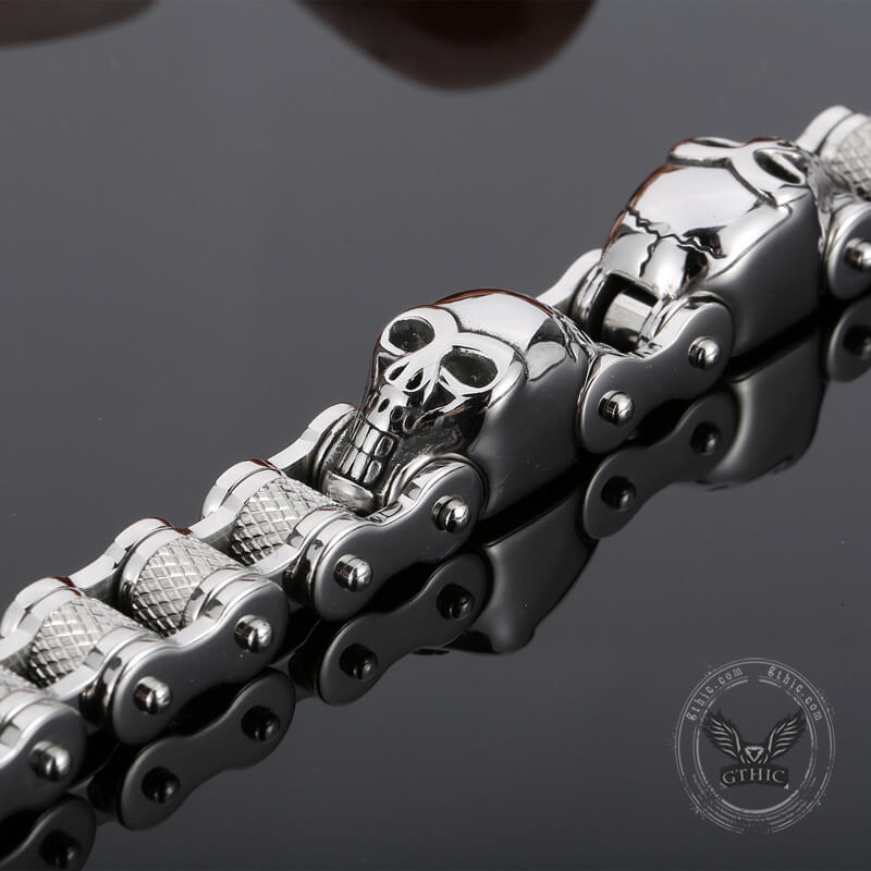 Two Skulls Stainless Steel Biker Bracelet 05 | Gthic.com