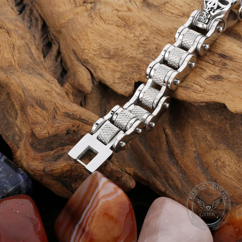 Two Skulls Stainless Steel Biker Bracelet 03 | Gthic.com