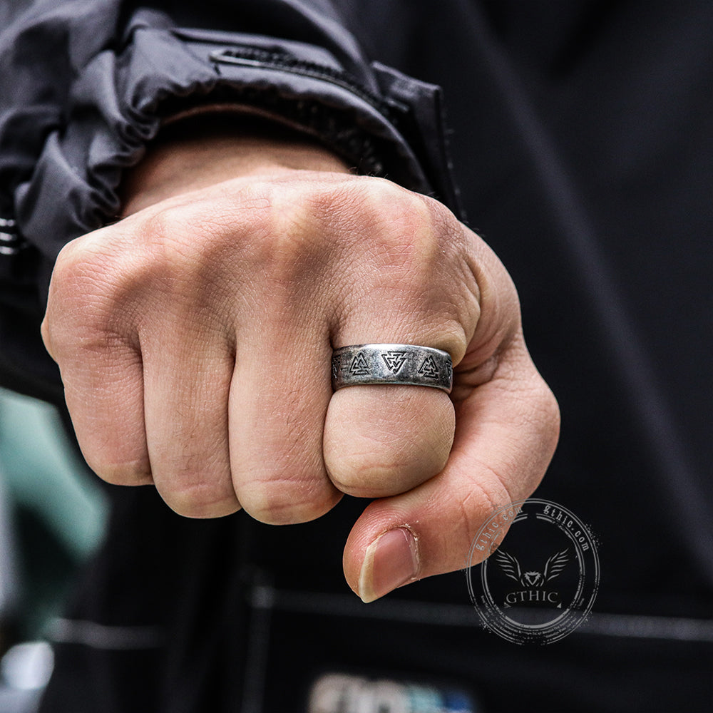 Valknut and Runes Stainless Steel Viking Ring