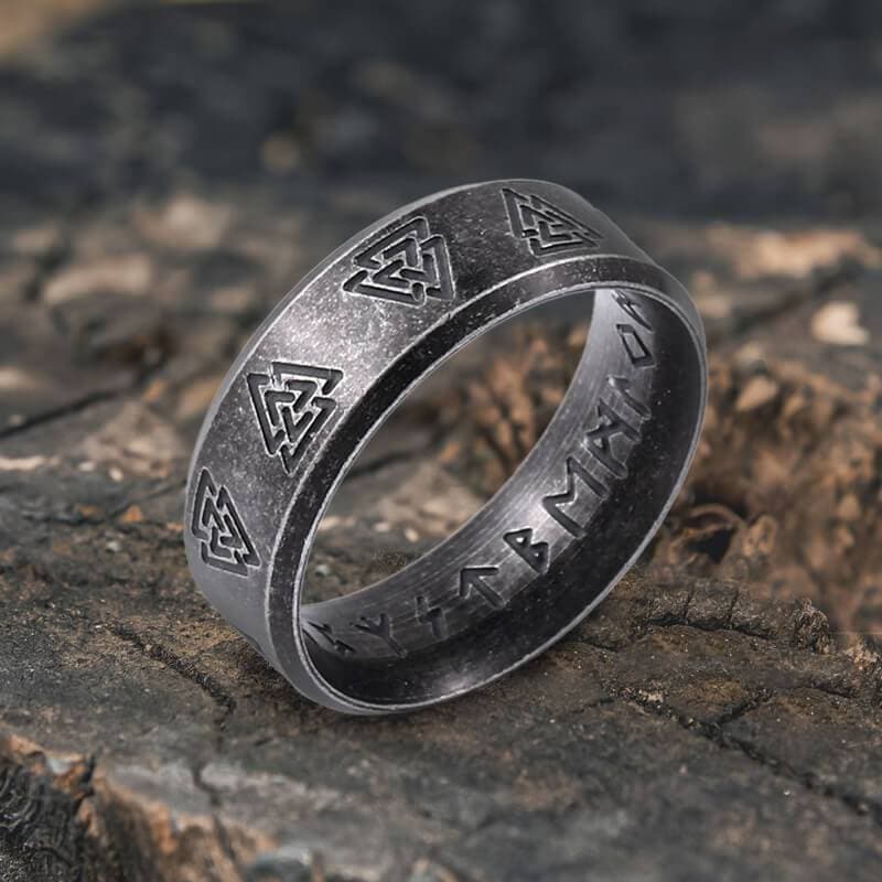 Elfasio Men's Stainless Steel Viking Ring – Valknut Odin Symbol Norse Text Jewelry