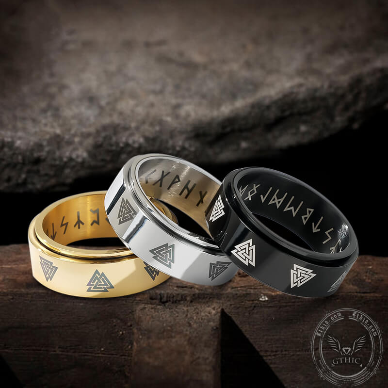 Valknut Runes Stainless Steel Rotating Ring 02| Gthic.com