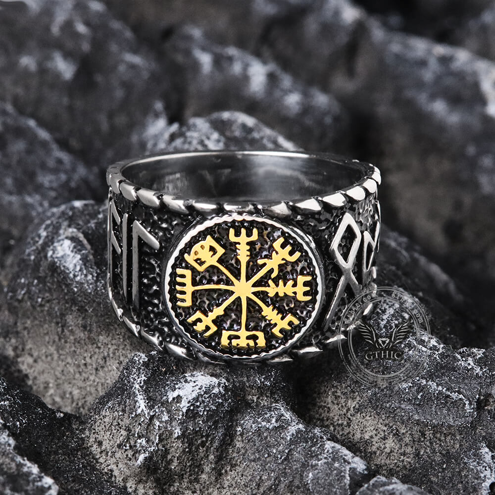 Vegvisir and Runes Stainless Steel Viking Ring | Gthic.com