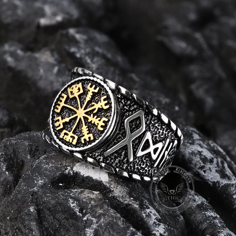 Vegvisir und Runen Wikinger-Ring aus Edelstahl