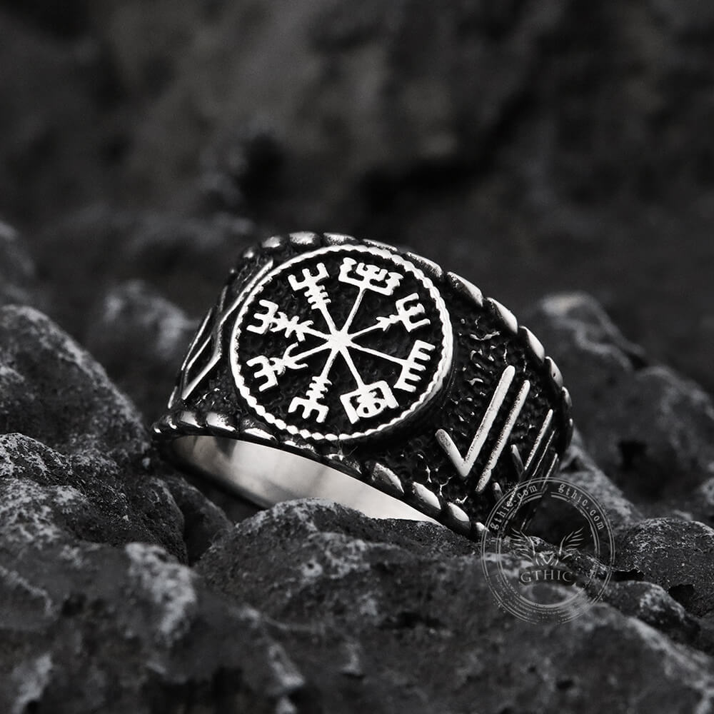 Vegvisir und Runen Wikinger-Ring aus Edelstahl