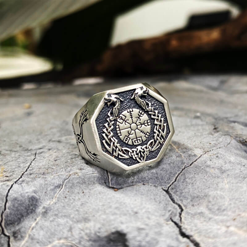 Vegvisir Celtic Knot Dragon Sterling Silver Viking Ring | Gthic.com
