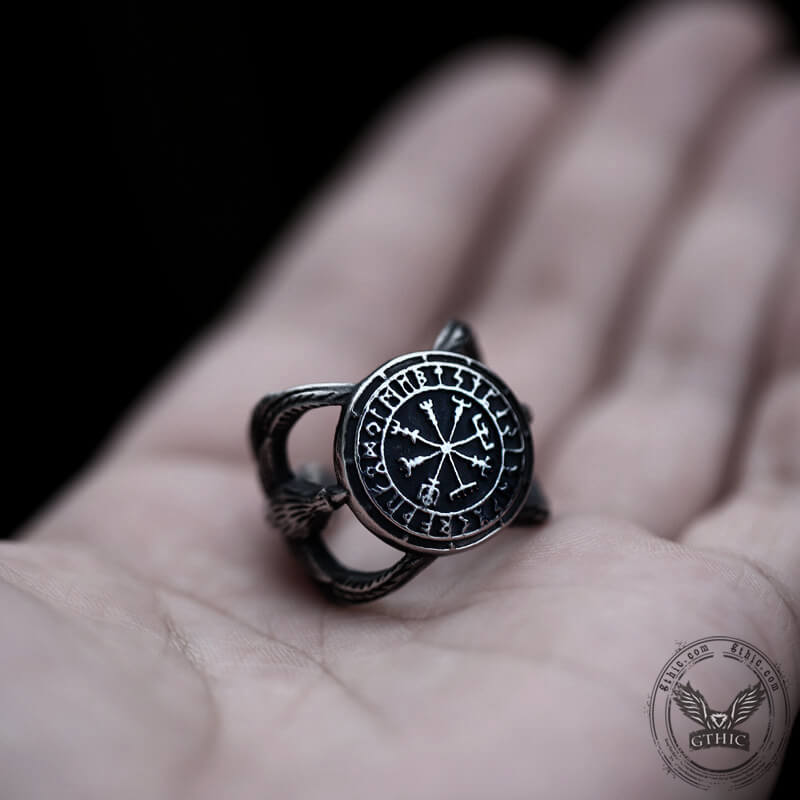 Vegvisir Raven Runes Stainless Steel Viking Ring | Gthic.com