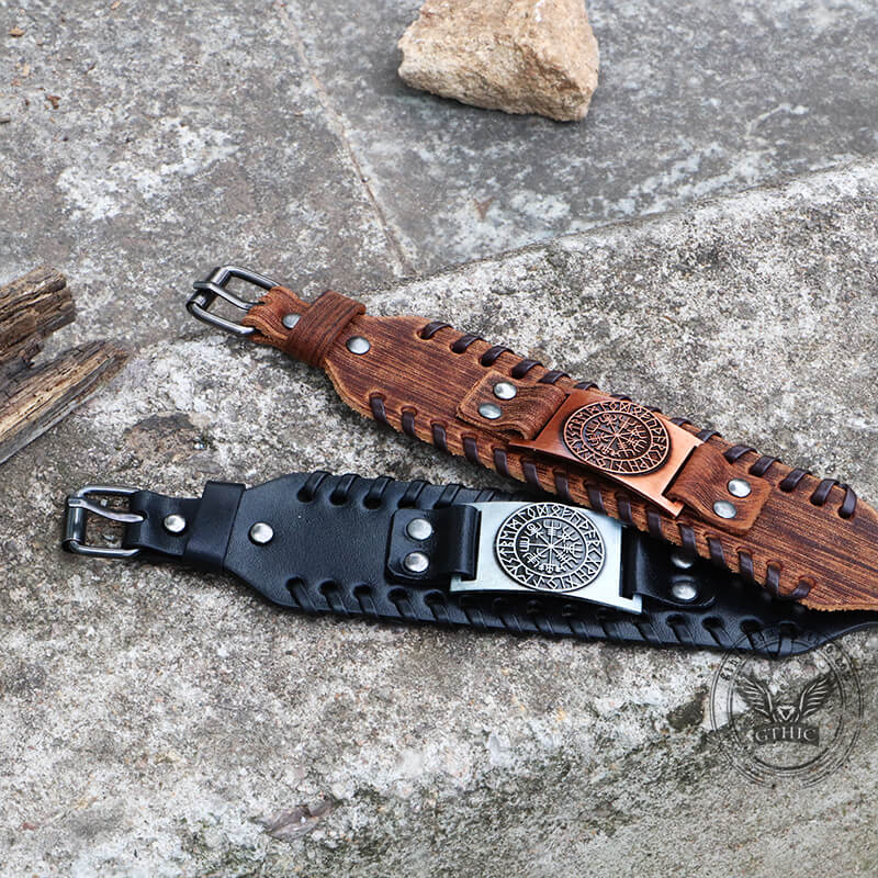 Vegvisir Runes Wristband Leather Viking Bracelet