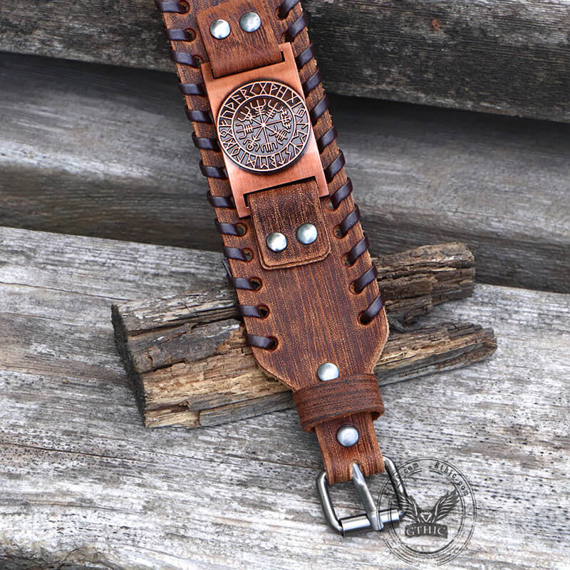 Vegvisir Runes Wristband Leather Viking Bracelet