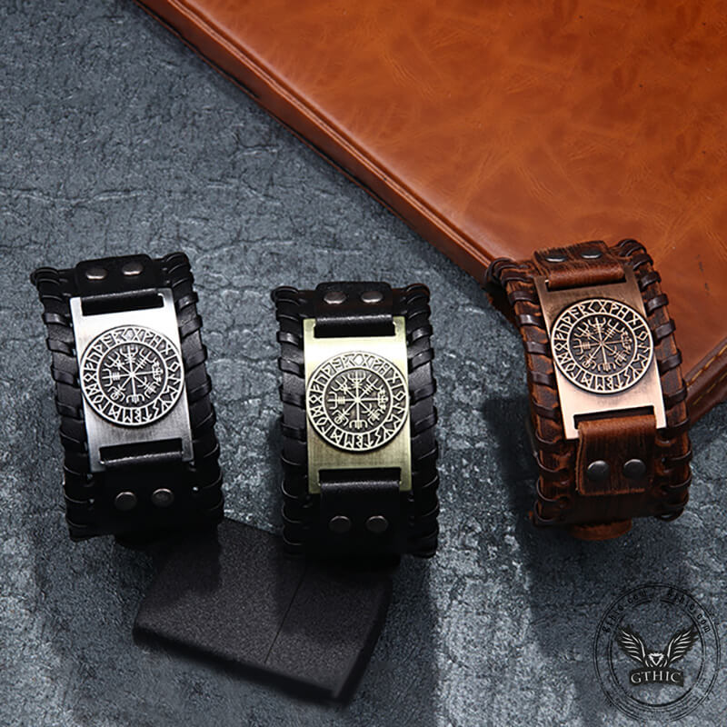 Vegvisir Runes Wristband Leather Viking Bracelet | Gthic.com
