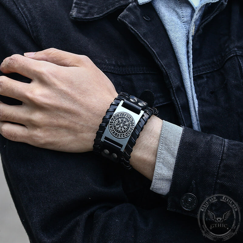 Vegvisir Runes Wristband Leather Viking Bracelet | Gthic.com