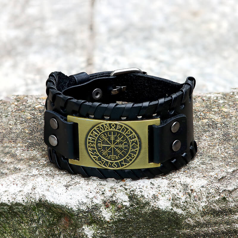Runes Viking Wrist Bracelet Vegvisir Runes Wristband Leather