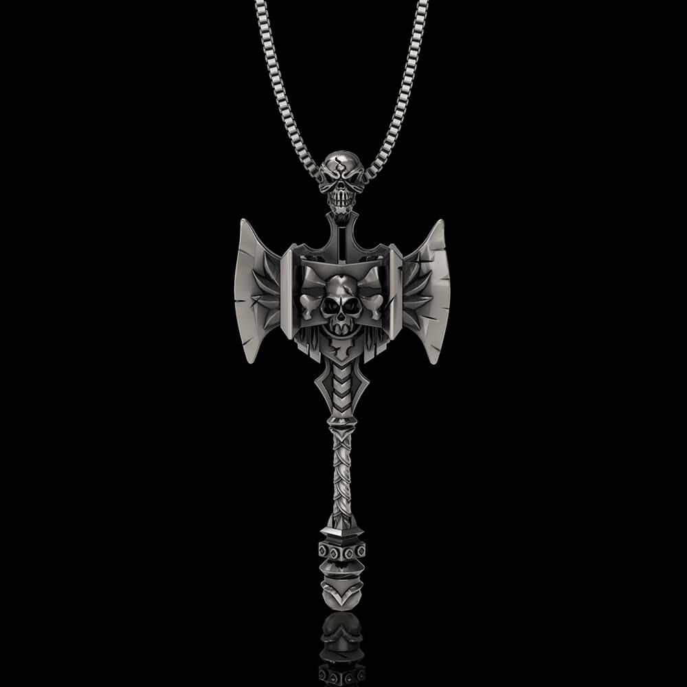 Viking  Gorehowl Tomahawk Sterling Silver Skull Pendant | Gthic.com