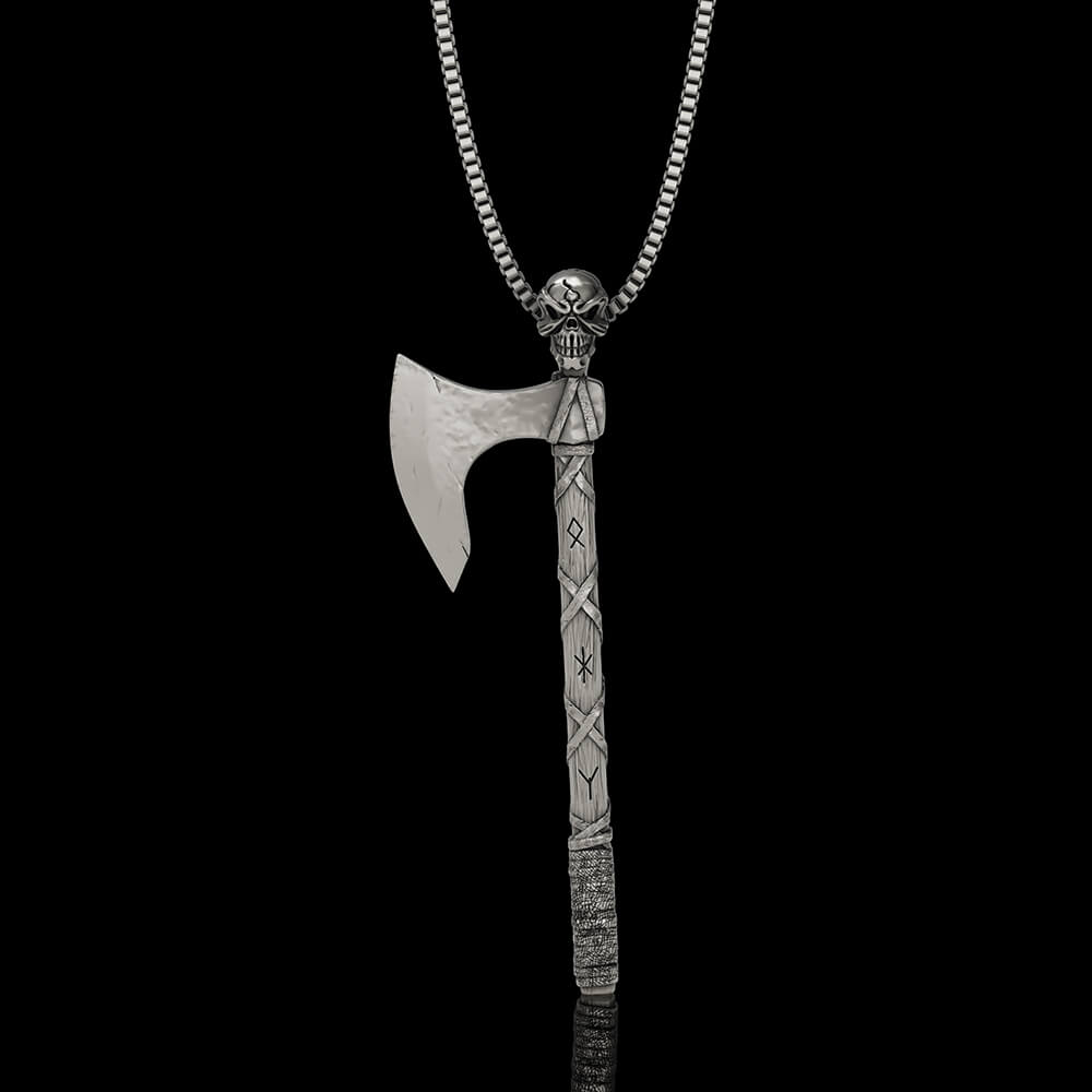 Viking  Gorehowl Tomahawk Sterling Silver Skull Pendant | Gthic.com