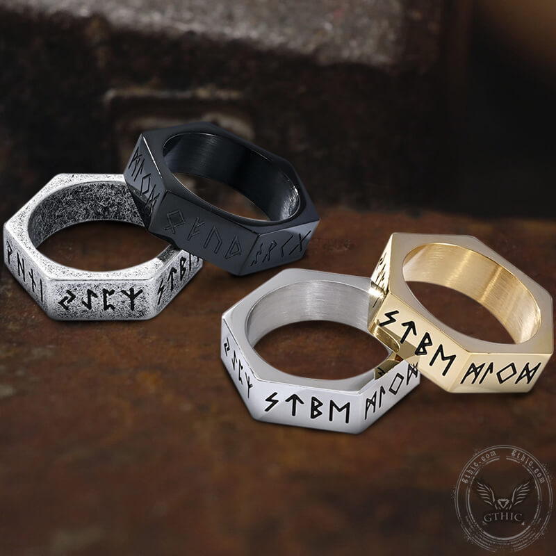 Viking Runes Hexagon Stainless Steel Geometric Ring | Gthic.com
